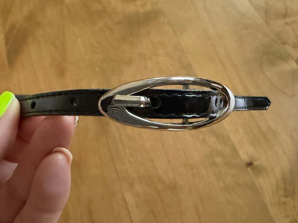 Vintage Black Leather Skinny Belt with Silver Oval Buckle